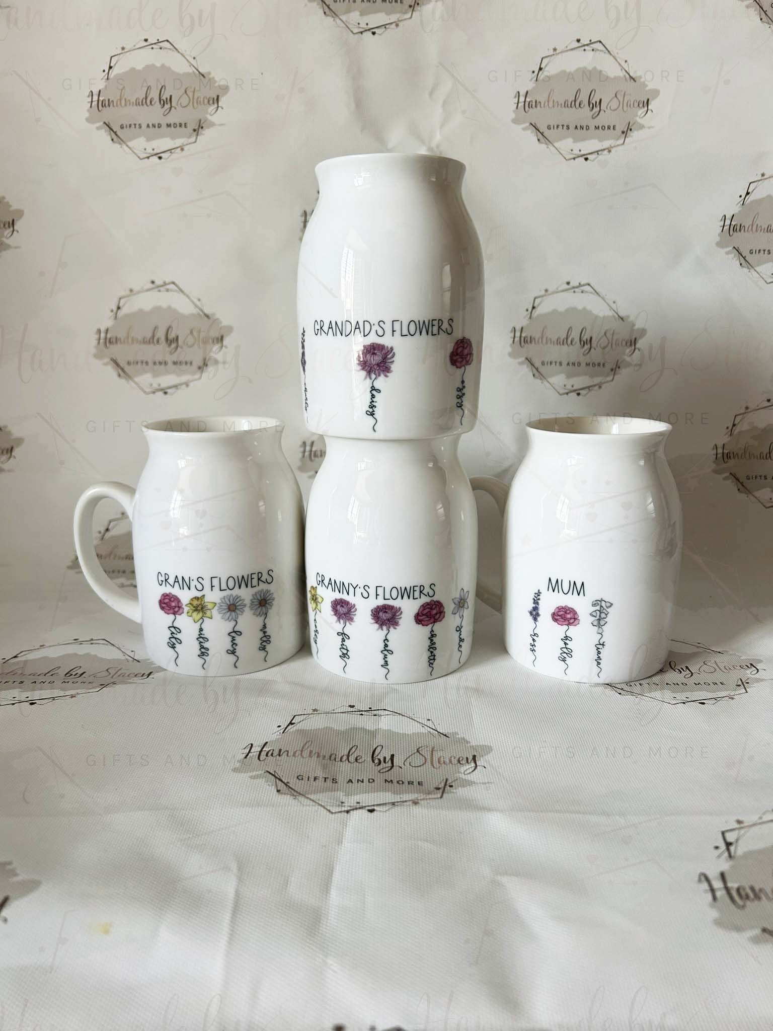 Personalised Birth Flower Jug|Ceramic Floral Vase|Grandparent Mothers Day Birthday Gift Idea for Her|Two Sizes|Limited Product
