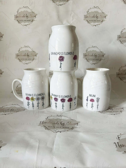 Personalised Birth Flower Jug|Ceramic Floral Vase|Grandparent Mothers Day Birthday Gift Idea for Her|Two Sizes|Limited Product
