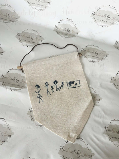 Personalised Linen Flag Pennant|Bedroom Decor House Sign Gift Idea|Child Drawing Artwork Handprints Gift Idea|Fathers Mothers Day|Birthday