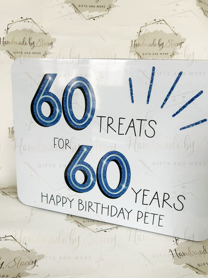 Personalised Novelty Metal Tin|Blue Glitter Design|Various Sizes|Custom Text|Big Birthday|Tenth Anniversary|Sweet Biscuit Box|Gift Idea