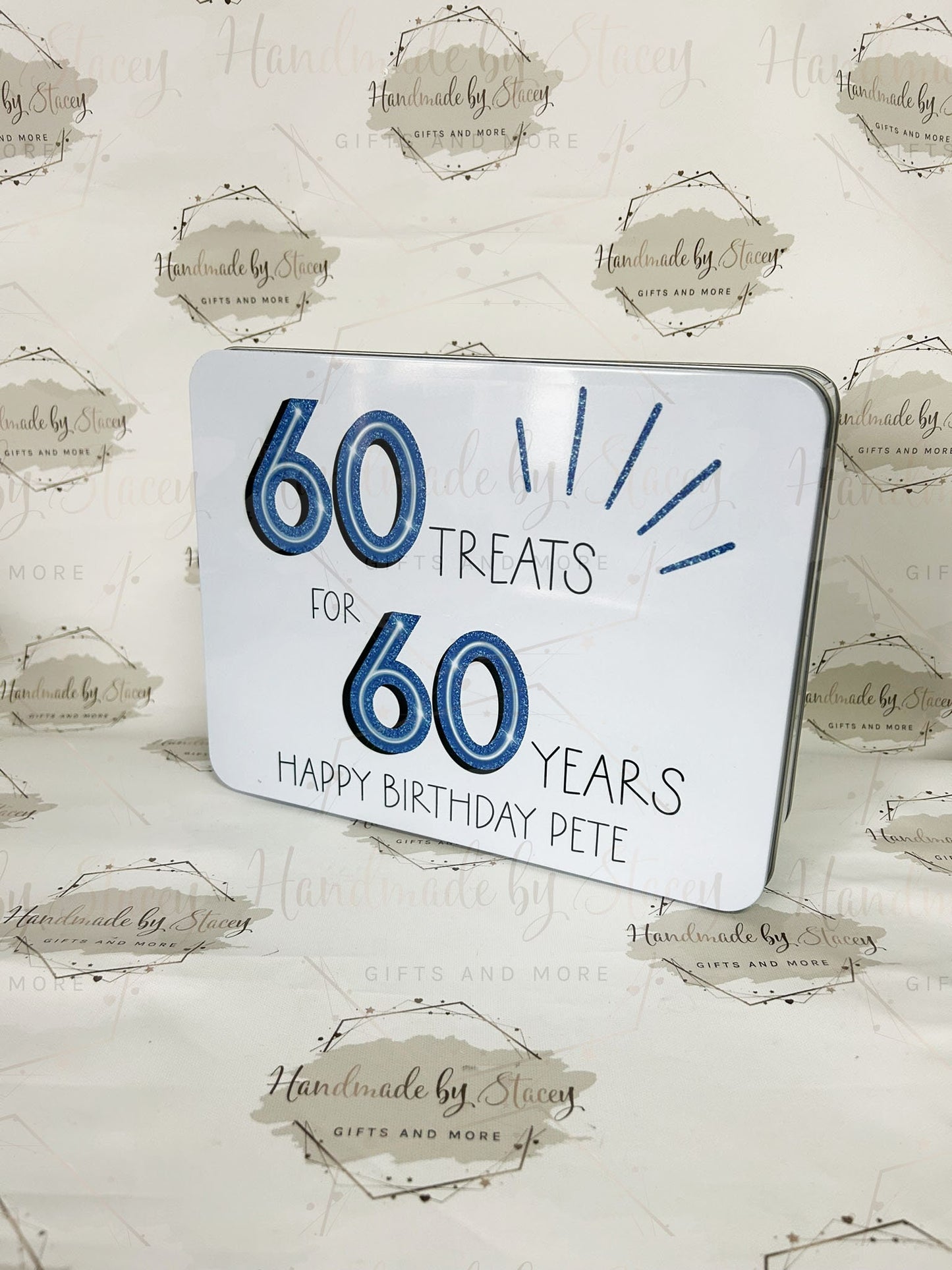 Personalised Novelty Metal Tin|Blue Glitter Design|Various Sizes|Custom Text|Big Birthday|Tenth Anniversary|Sweet Biscuit Box|Gift Idea