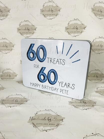 Personalised Novelty Metal Tin|Blue Glitter Design|Various Sizes|Custom Text|Big Birthday|Tenth Anniversary|Sweet Biscuit Box|Gift Idea