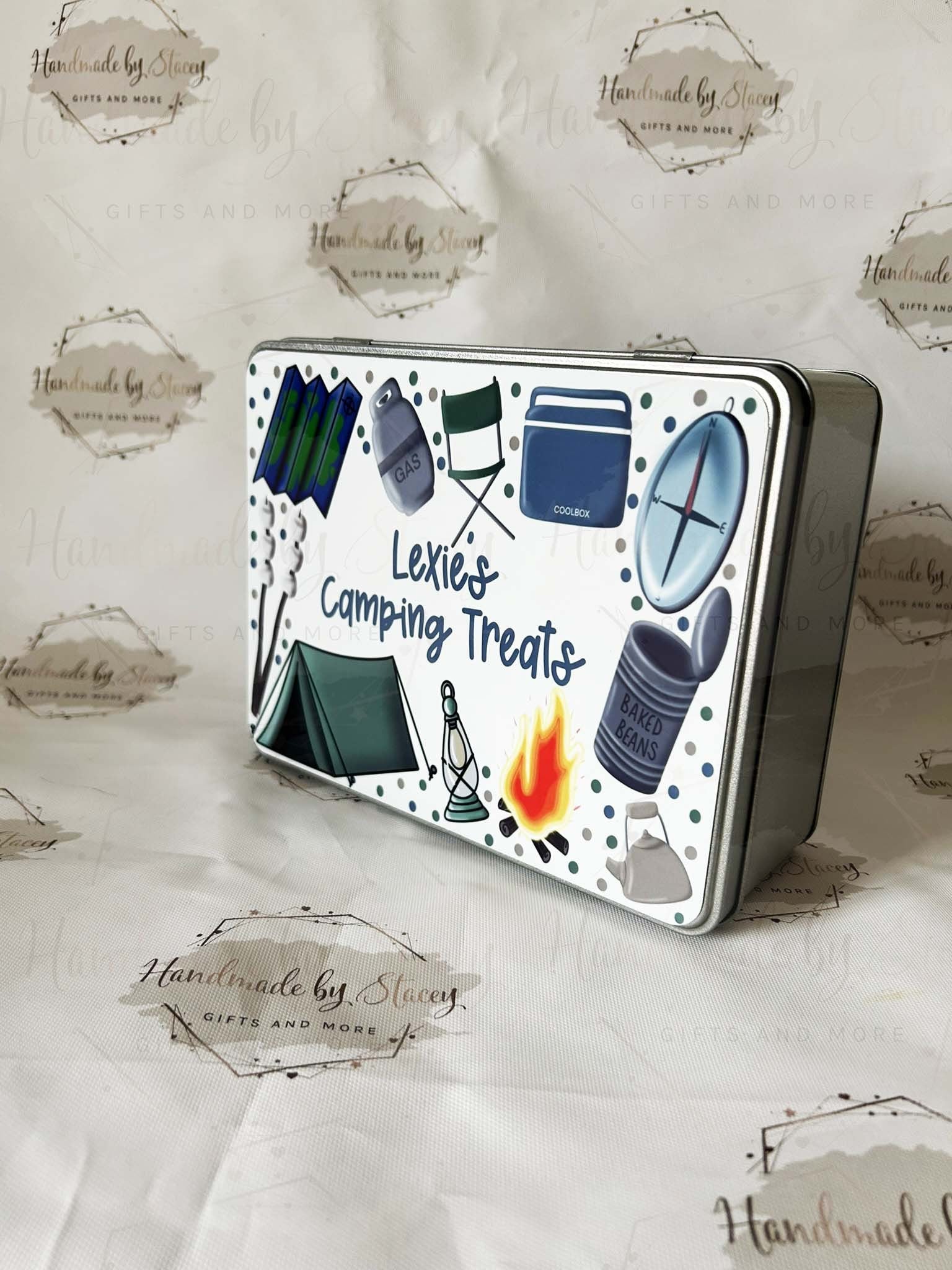 Personalised Novelty Metal Tin|Camping Design|Editable Text|Sweet Biscuit Self Care Box|Treat Idea for Caravan|Tent|Beavers Cups
