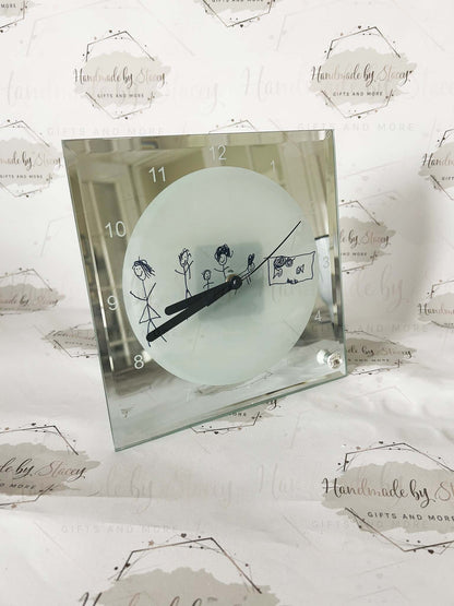 Personalised Glass Clock|Childs Artwork Drawing Working Mechanical Clock with Stand|Beautiful Gift Idea for Mother's Day|Father's Day|