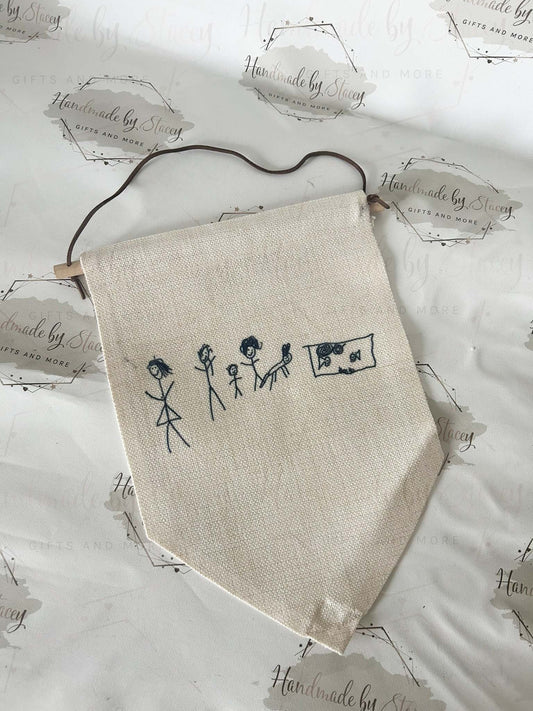 Personalised Linen Flag Pennant|Bedroom Decor House Sign Gift Idea|Child Drawing Artwork Handprints Gift Idea|Fathers Mothers Day|Birthday