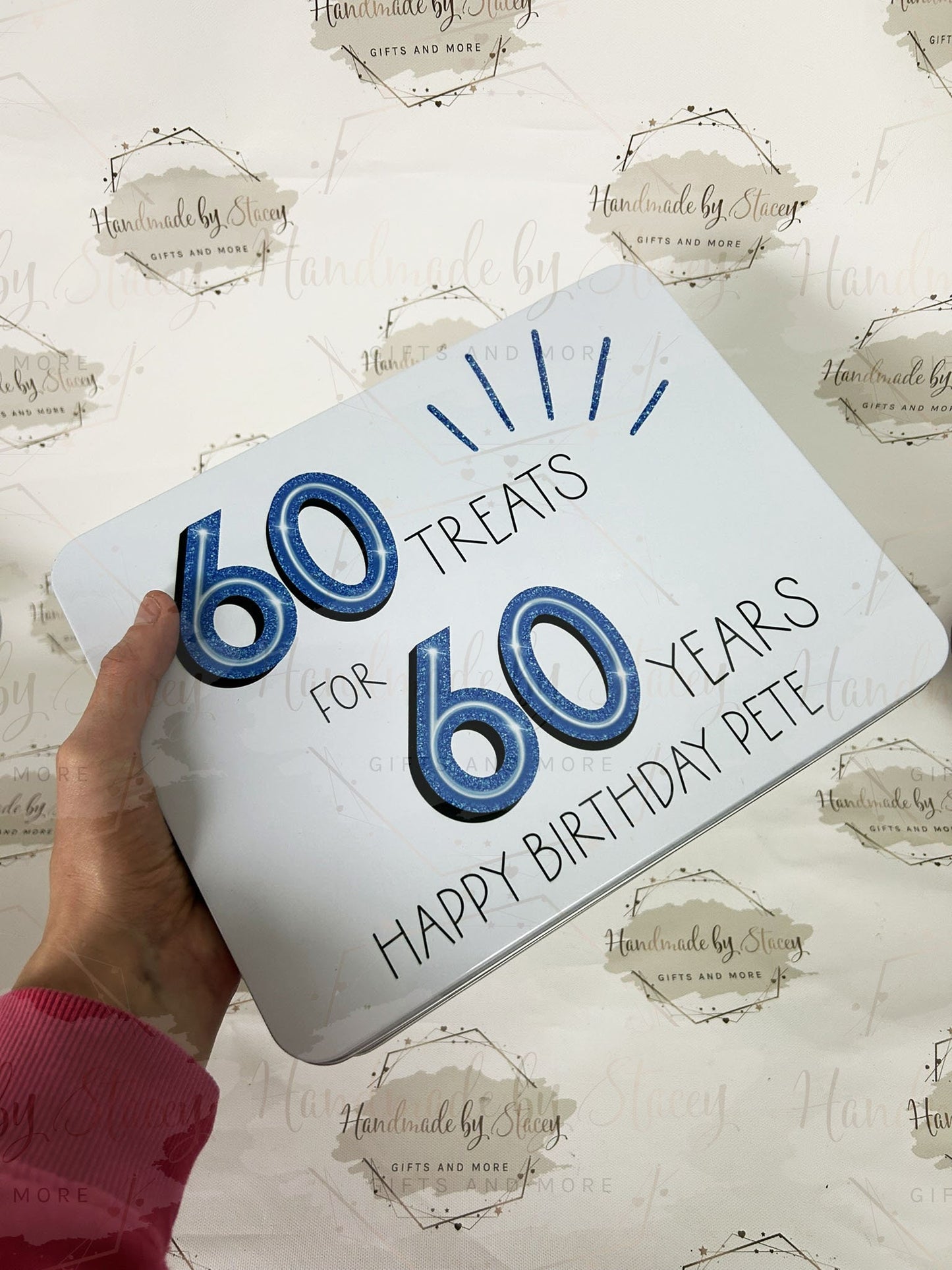 Personalised Novelty Metal Tin|Blue Glitter Design|Various Sizes|Custom Text|Big Birthday|Tenth Anniversary|Sweet Biscuit Box|Gift Idea