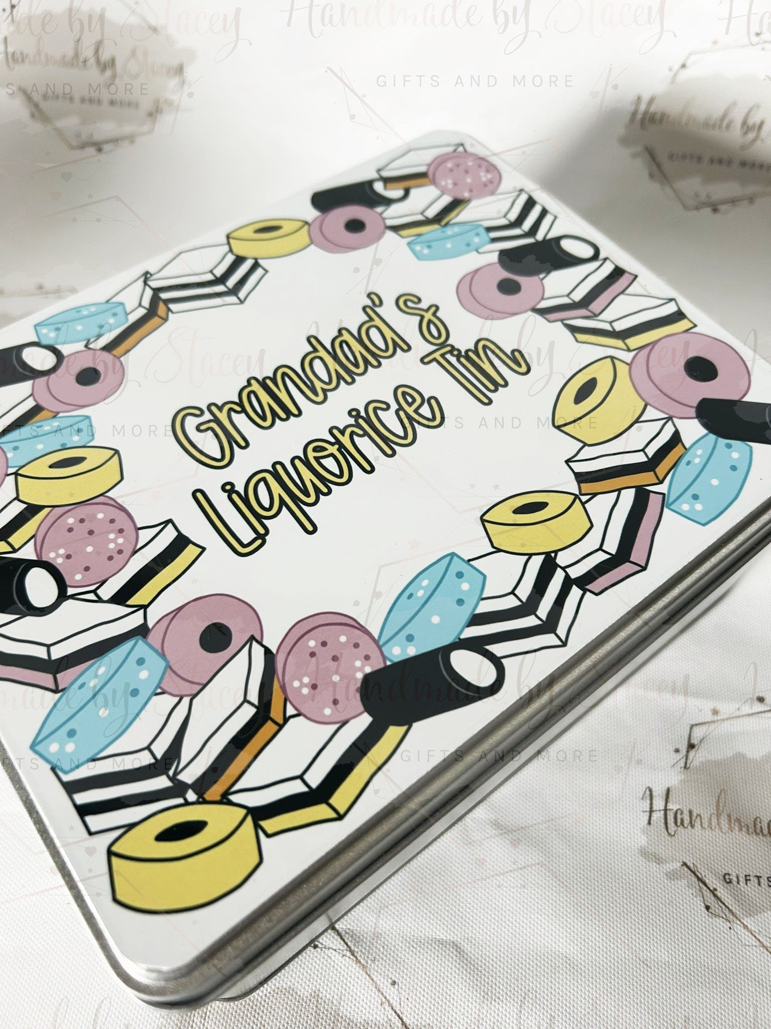 Personalised Novelty Metal Tin|Liquorice Sweet Design|Various Sizes|Custom Text|Big Birthday|Tenth Anniversary|Sweet Biscuit Box|Fathers Day