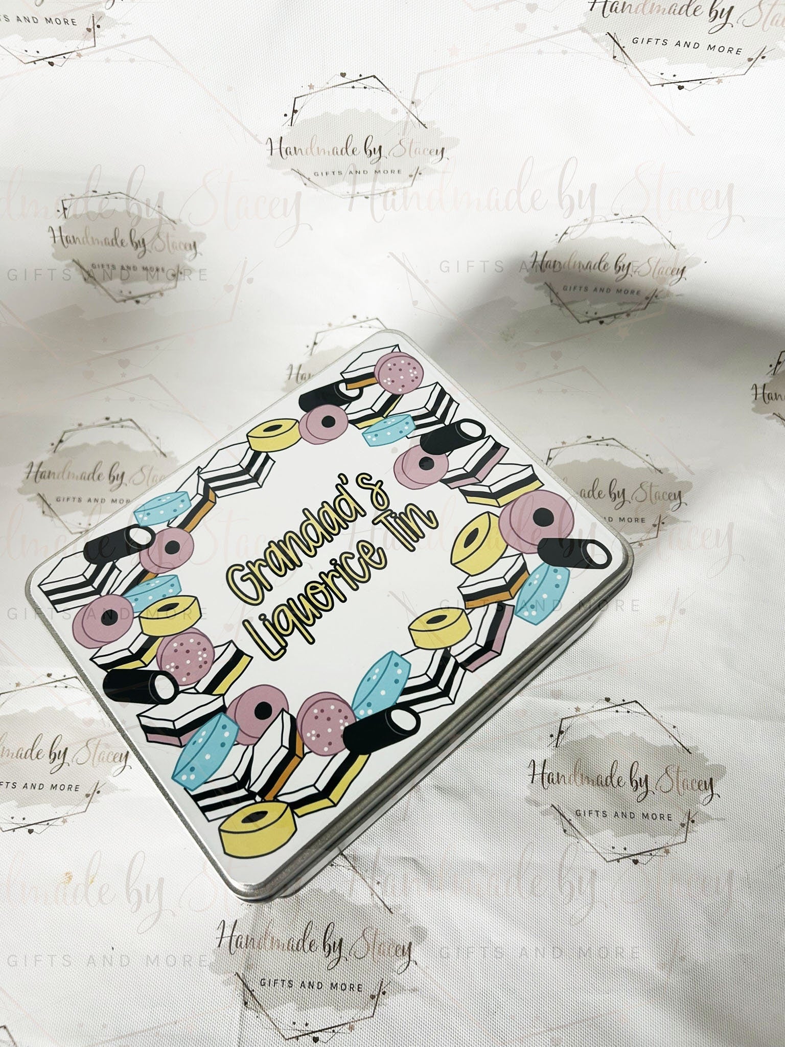 Personalised Novelty Metal Tin|Liquorice Sweet Design|Various Sizes|Custom Text|Big Birthday|Tenth Anniversary|Sweet Biscuit Box|Fathers Day