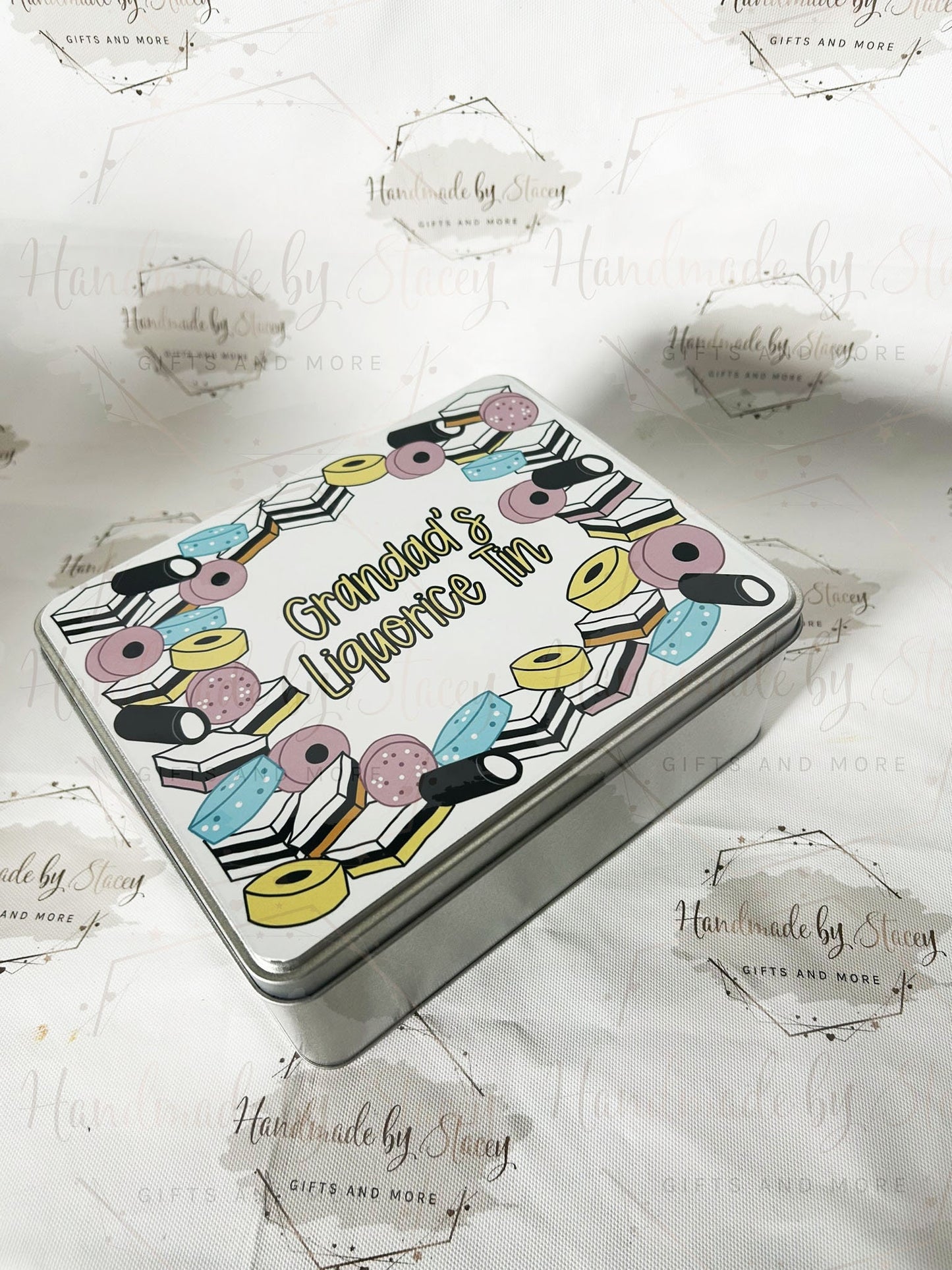 Personalised Novelty Metal Tin|Liquorice Sweet Design|Various Sizes|Custom Text|Big Birthday|Tenth Anniversary|Sweet Biscuit Box|Fathers Day