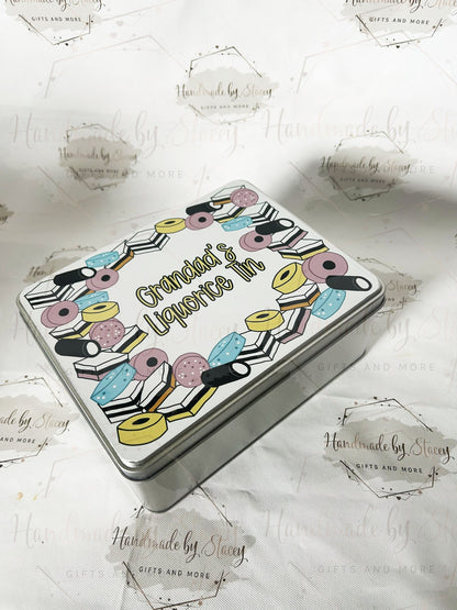 Personalised Novelty Metal Tin|Liquorice Sweet Design|Various Sizes|Custom Text|Big Birthday|Tenth Anniversary|Sweet Biscuit Box|Fathers Day