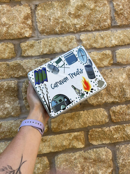 Personalised Novelty Metal Tin|Caravan Holiday Sweeties|Sugar Treat Tin|Editable Text|Gift Idea for Grandad|Dad|Uncle|Mum|Aunty|Godparent
