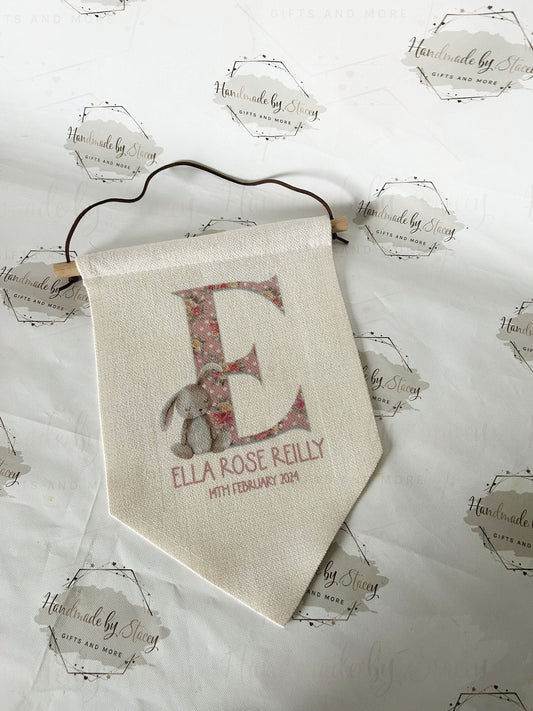 Personalised Linen Bedroom Sign|New Baby BUNNY Flag Pennant|Editable Text|Newborn Gift Idea|Nursery Decor|Birth Details Present