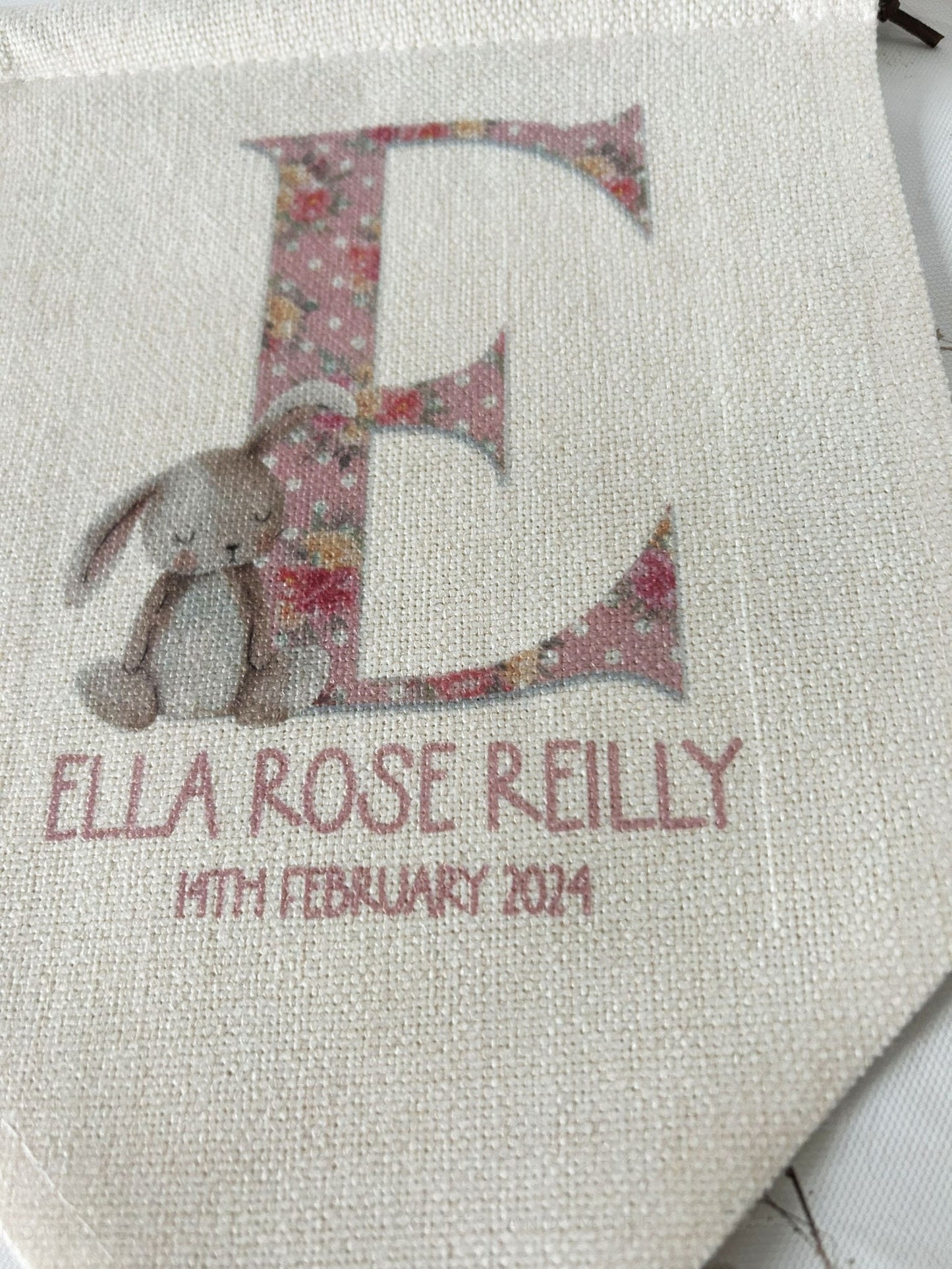 Personalised Linen Bedroom Sign|New Baby BUNNY Flag Pennant|Editable Text|Newborn Gift Idea|Nursery Decor|Birth Details Present