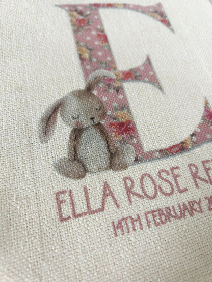 Personalised Linen Bedroom Sign|New Baby BUNNY Flag Pennant|Editable Text|Newborn Gift Idea|Nursery Decor|Birth Details Present