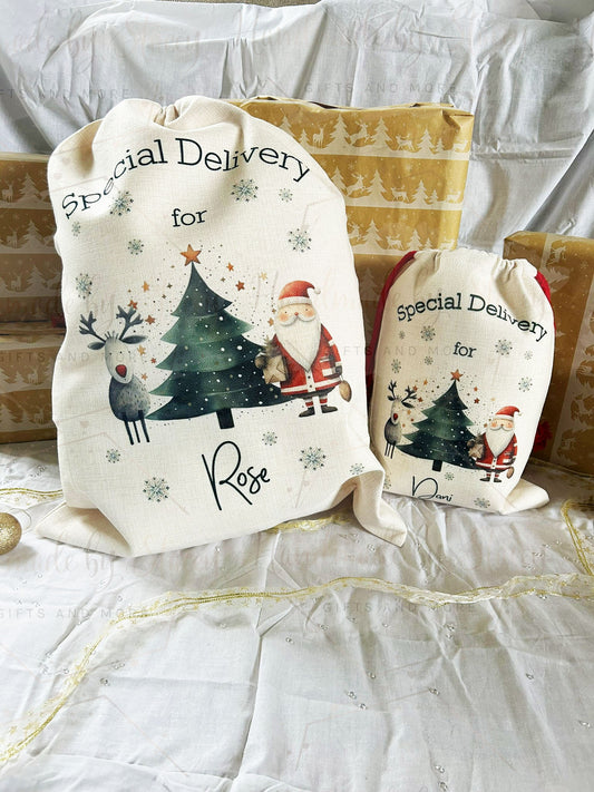 Personalised Christmas Bag|Seasonal Sack/Stocking|Three Styles|Editable Text|Stocking Filler|Xmas Design|Special Delivery|First Christmas