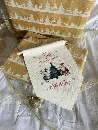 Personalised Stop Here Flag|Linen Flag|Editable Text|Santa Father Christmas Please Stop for|Family Sign|Christmas Festive Decor for Home