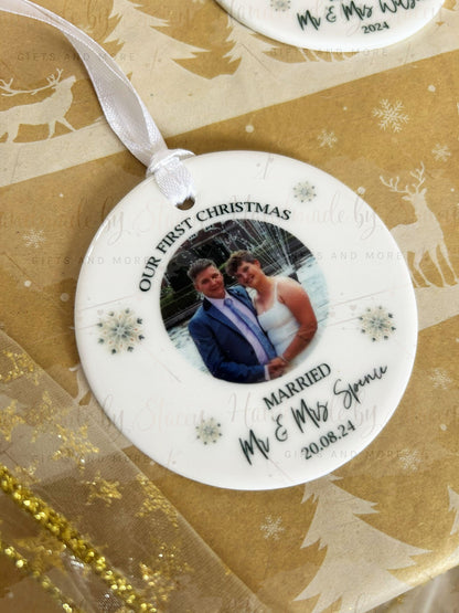 Personalised Christmas Bauble|Ceramic Tree Decoration|Editable Text|First Christmas Married|Married Couple|Photo Gift Wedding Idea