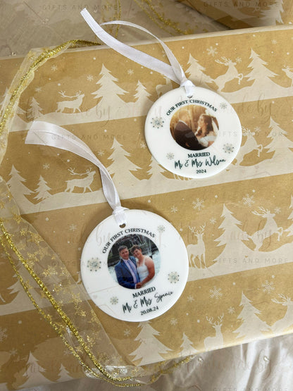 Personalised Christmas Bauble|Ceramic Tree Decoration|Editable Text|First Christmas Married|Married Couple|Photo Gift Wedding Idea