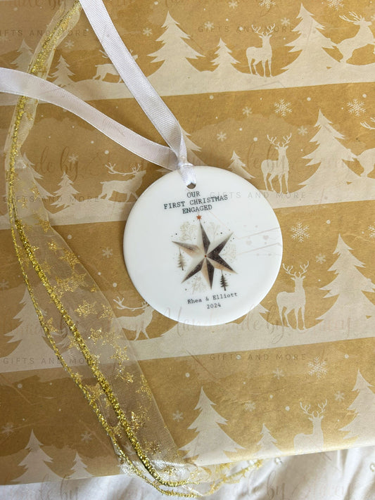 Personalised Christmas Bauble|Ceramic Tree Decoration|Editable Text|First Christmas Engaged|Bride Groom To Be Token Gift Idea|Festive Home