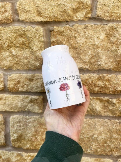 Personalised Birth Flower Jug|Ceramic Floral Vase|Grandparent Mothers Day Birthday Gift Idea for Her|Two Sizes|Limited Product