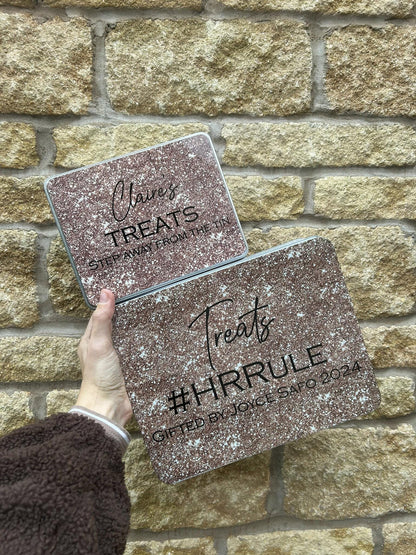 Personalised Novelty Metal Tin|Rose Glitter Design|Birthday Christmas Gift|Editable Text|Sweet Biscuit Self Care Box|Treat for Friend