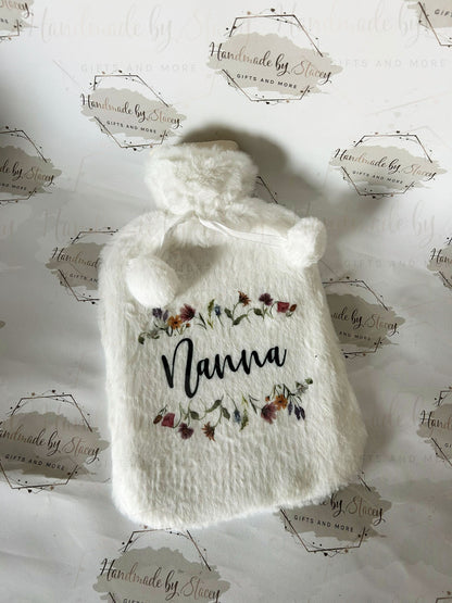 Personalised Hot Water Bottle|Wildflower Floral Design|Editable Text|Limited Birthday Christmas Warm Gift Idea|For Mum Grandparent Friend