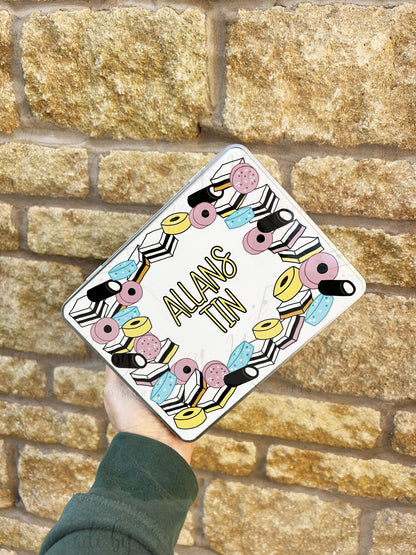 Personalised Novelty Metal Tin|Liquorice Sweet Design|Various Sizes|Custom Text|Big Birthday|Tenth Anniversary|Sweet Biscuit Box|Fathers Day