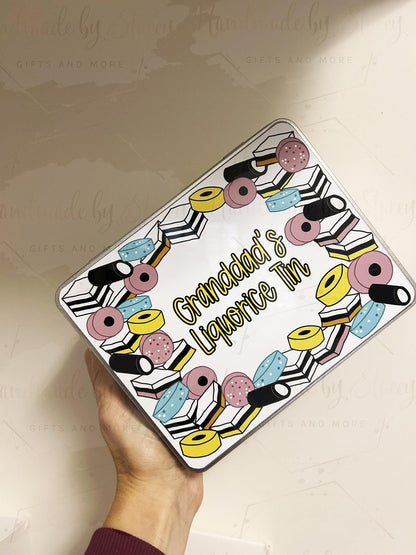 Personalised Novelty Metal Tin|Liquorice Sweet Design|Various Sizes|Custom Text|Big Birthday|Tenth Anniversary|Sweet Biscuit Box|Fathers Day