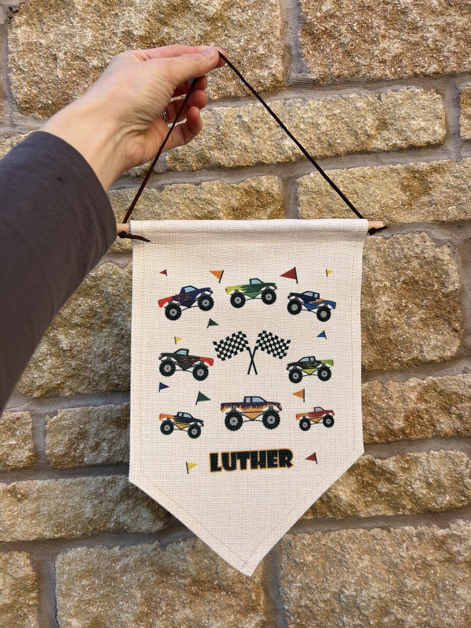Personalised Linen Flag|Monster Truck Car Design|Editable Text|Nursery Bedroom Decor for Son|Nephew|Grandchild|New Baby Gift|Baby Shower