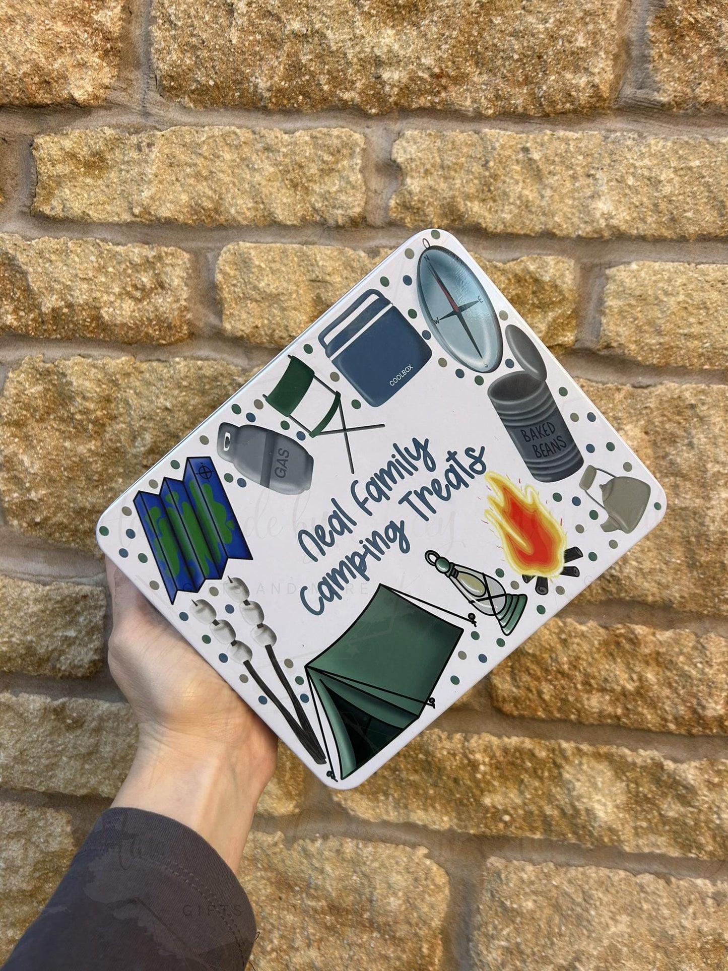 Personalised Novelty Metal Tin|Camping Design|Editable Text|Sweet Biscuit Self Care Box|Treat Idea for Caravan|Tent|Beavers Cups
