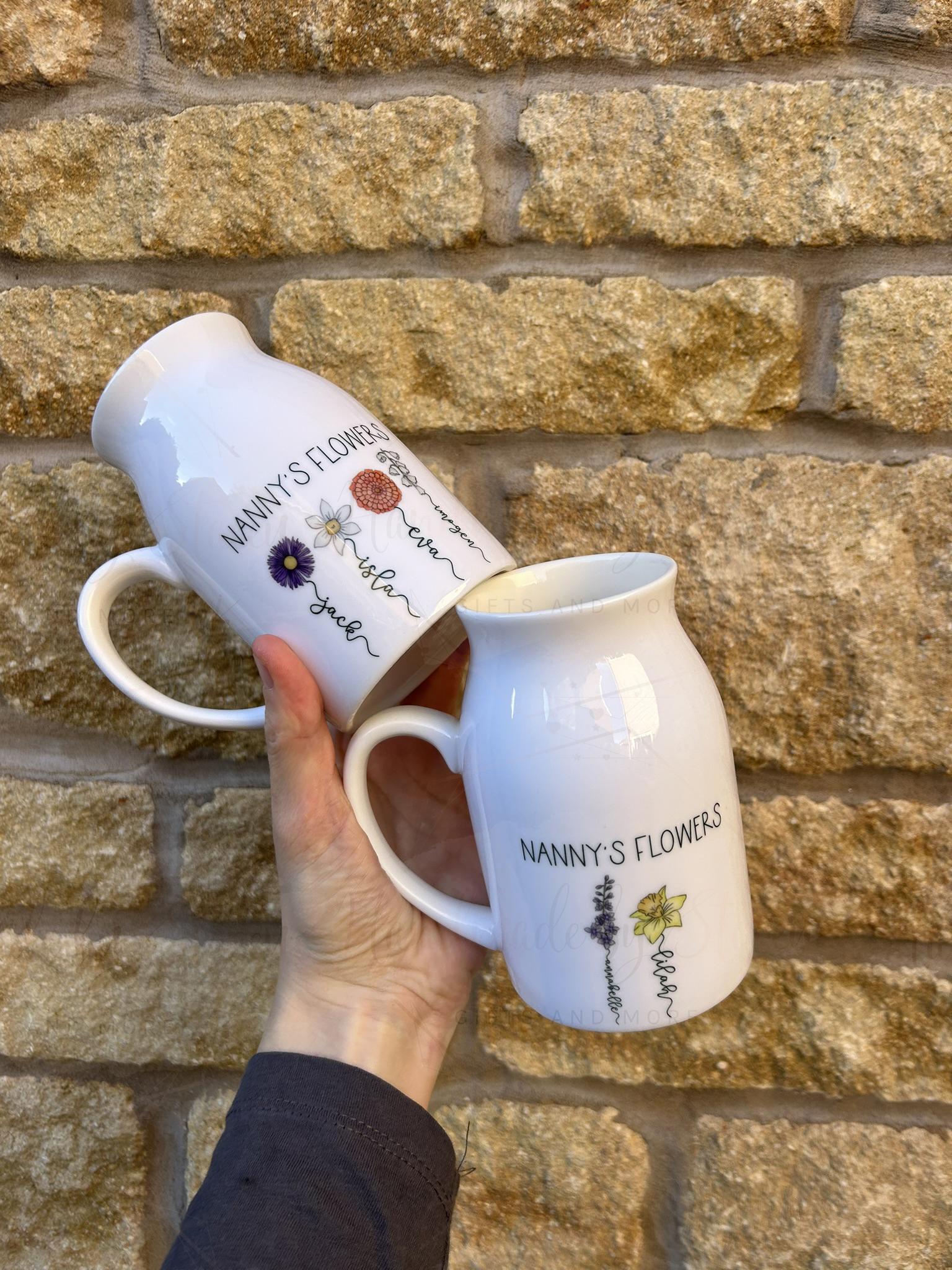 Personalised Birth Flower Jug|Ceramic Floral Vase|Grandparent Mothers Day Birthday Gift Idea for Her|Two Sizes|Limited Product