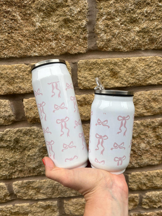 Personalised Pink Coquette Bow Stainless Steel Can with Straw|Two Sizes|Editable Text|