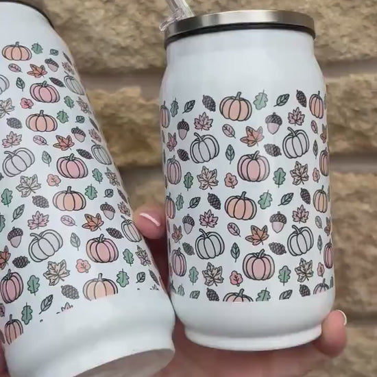 Personalised Autumnal Pumpkin Stainless Steel Can with Straw|9 or 14oz|Drinks Bottle