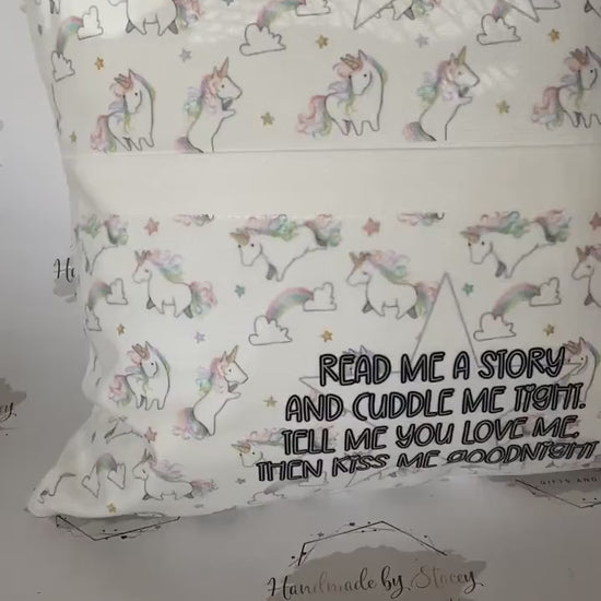 Personalised Book Cushion/Rainbow Hearts Pocket Cushion/Super Soft Custom Text Gift Idea for Daughter/Niece/Grandchild/Bedroom Decor