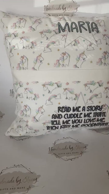 Personalised Book Cushion/Rainbow Hearts Pocket Cushion/Super Soft Custom Text Gift Idea for Daughter/Niece/Grandchild/Bedroom Decor