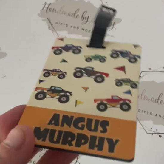 Personalised Childrens Passport Holder|Monster Truck Design PU Leather|Custom Text|MDF Luggage Tag|School Name Tag|Gift for Child|Travelling