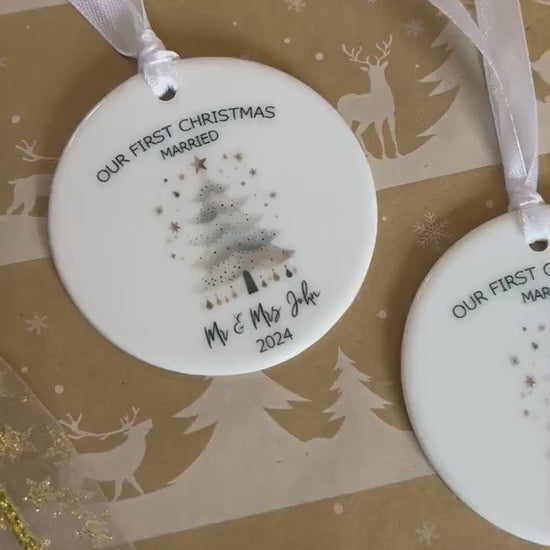 Personalised Christmas Bauble|Ceramic Tree Decoration|Editable Text|First Christmas as Mr Mrs|Mr and Mr|Mrs & Mrs|Married in 2024