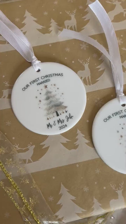 Personalised Christmas Bauble|Ceramic Tree Decoration|Editable Text|First Christmas as Mr Mrs|Mr and Mr|Mrs & Mrs|Married in 2024