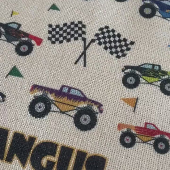 Personalised Linen Flag|Monster Truck Car Design|Editable Text|Nursery Bedroom Decor for Son|Nephew|Grandchild|New Baby Gift|Baby Shower