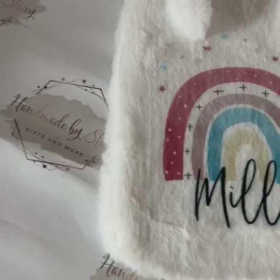 Personalised Hot Water Bottle|Pink Rainbow Design|Editable Text|Limited Birthday Christmas Warm Gift Idea|For Mum Grandparent Friend