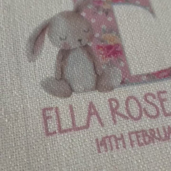 Personalised Linen Bedroom Sign|New Baby BUNNY Flag Pennant|Editable Text|Newborn Gift Idea|Nursery Decor|Birth Details Present