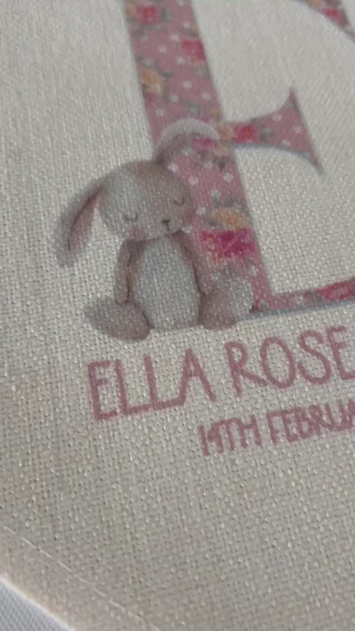 Personalised Linen Bedroom Sign|New Baby BUNNY Flag Pennant|Editable Text|Newborn Gift Idea|Nursery Decor|Birth Details Present