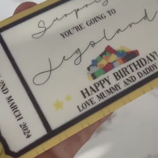 Personalised Gift Ticket|Acrylic Custom Text|Legoland Visit Birthday Christmas Anniversary Event Voucher Gold Design|
