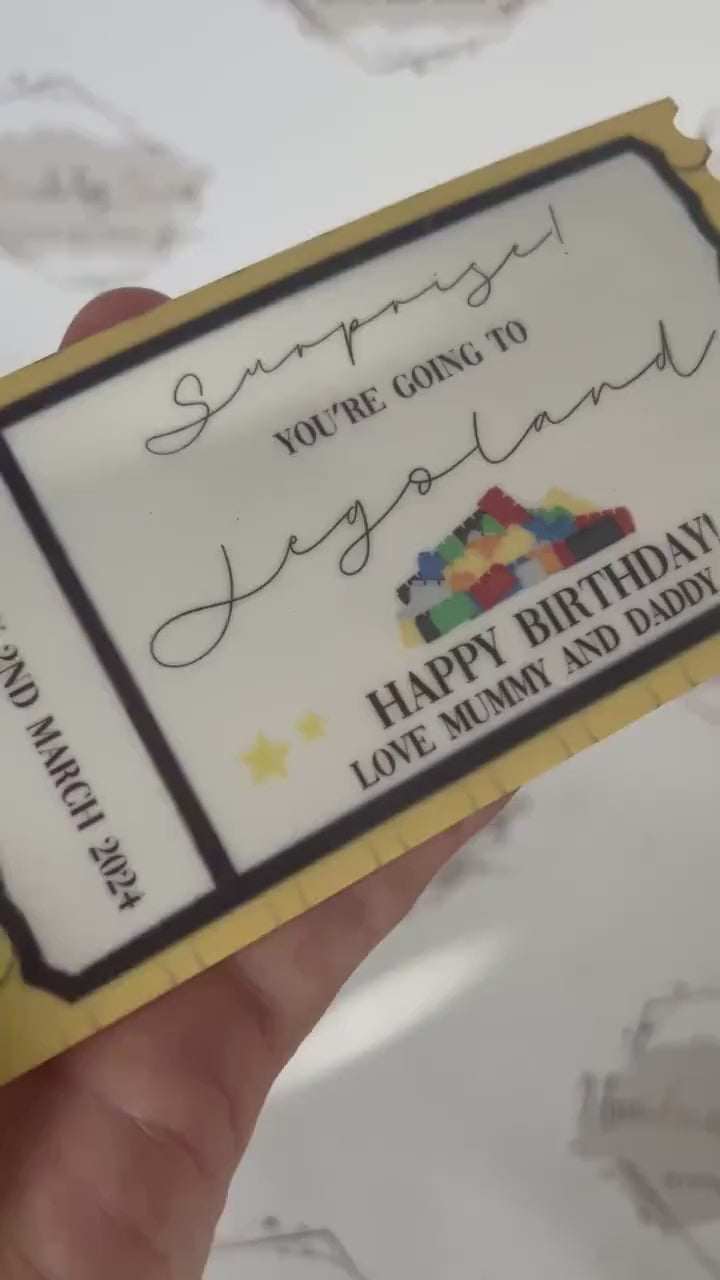 Personalised Gift Ticket|Acrylic Custom Text|Legoland Visit Birthday Christmas Anniversary Event Voucher Gold Design|