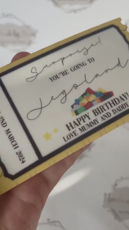 Personalised Gift Ticket|Acrylic Custom Text|Legoland Visit Birthday Christmas Anniversary Event Voucher Gold Design|