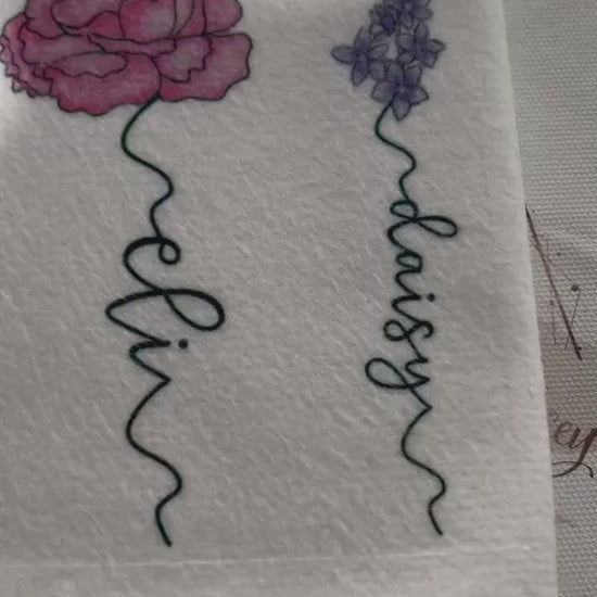 Personalised Kitchen Tea Towel|Birth Flower Design|Unique Homeware Gift for Mothers day|Grandparents|Loved One|From Grandchildren