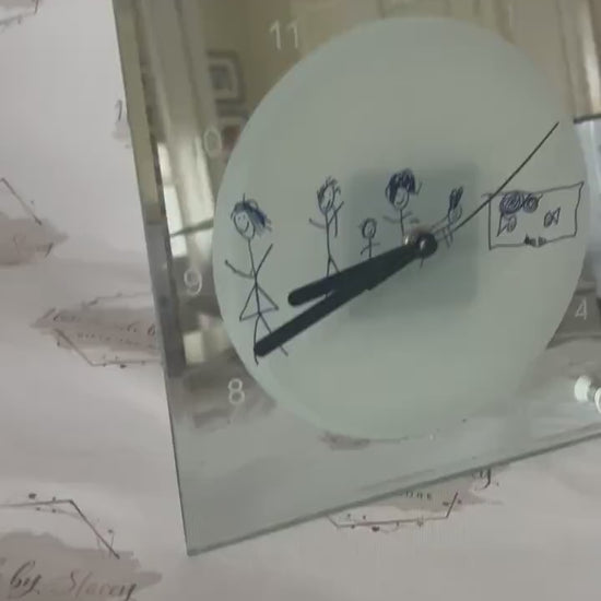 Personalised Glass Clock|Childs Artwork Drawing Working Mechanical Clock with Stand|Beautiful Gift Idea for Mother's Day|Father's Day|