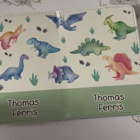 Personalised Childrens Passport Holder|Dinosaur Design PU Leather|Custom Text|MDF Luggage Tag|School Name Tag|Gift for Child|Travelling