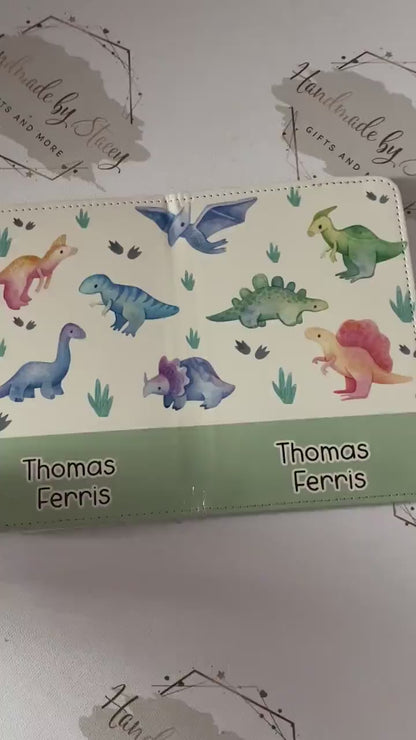 Personalised Childrens Passport Holder|Dinosaur Design PU Leather|Custom Text|MDF Luggage Tag|School Name Tag|Gift for Child|Travelling
