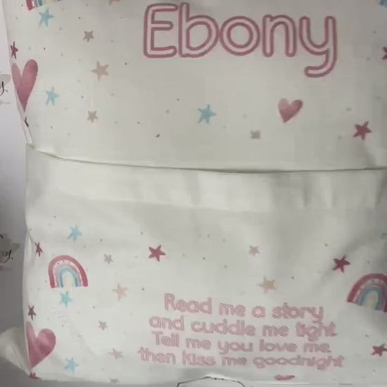 Personalised Book Cushion/Rainbow Hearts Pocket Cushion/Super Soft Custom Text Gift Idea for Daughter/Niece/Grandchild/Bedroom Decor